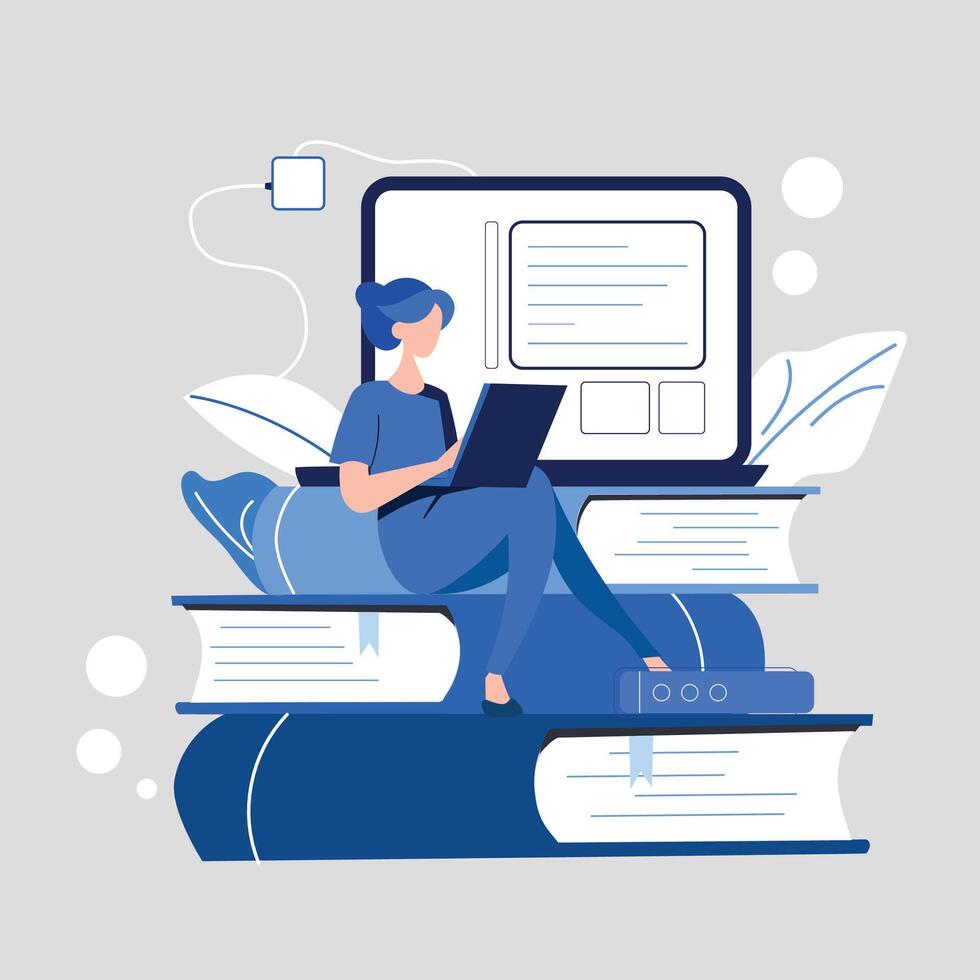 a woman sitting on top of books with a laptop vector