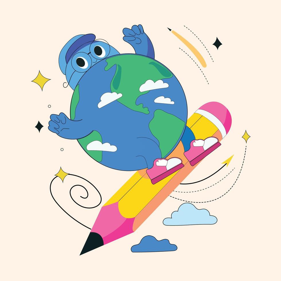 a cartoon earth with a pencil flying over clouds vector