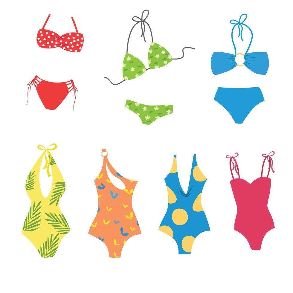 mujer traje de baño colocar. Moda bikini, monokini recopilación. hembra elegante trajes de baño. plano playa ropa. verano elemento. dibujos animados plano aislado en blanco antecedentes. vector