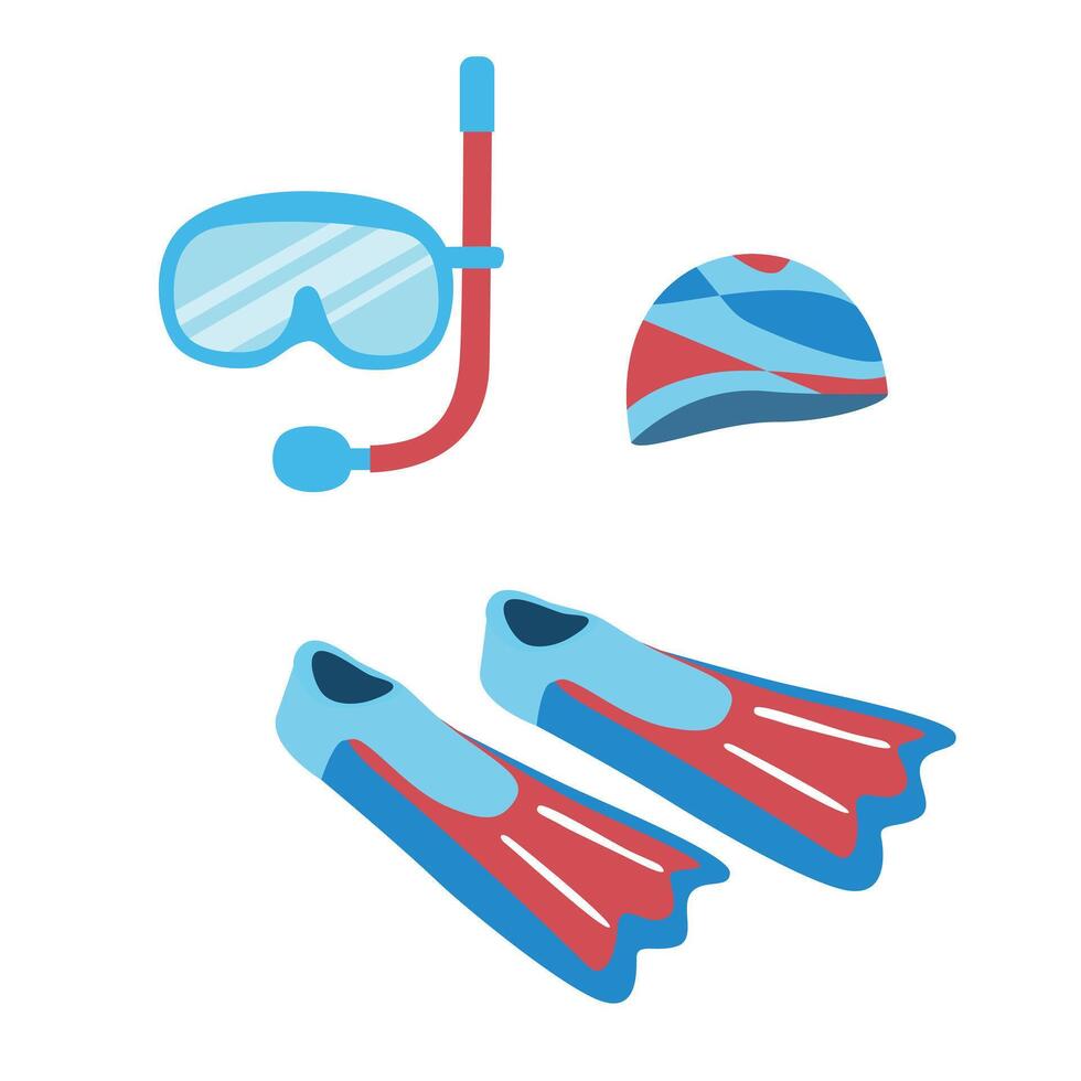 Diving equipment. Snorkeling set. Aqualung clip art. Scuba diving flippers, mask and snorkel. Summer element. Hello summer concept. Cartoon flat isolated on white background. vector