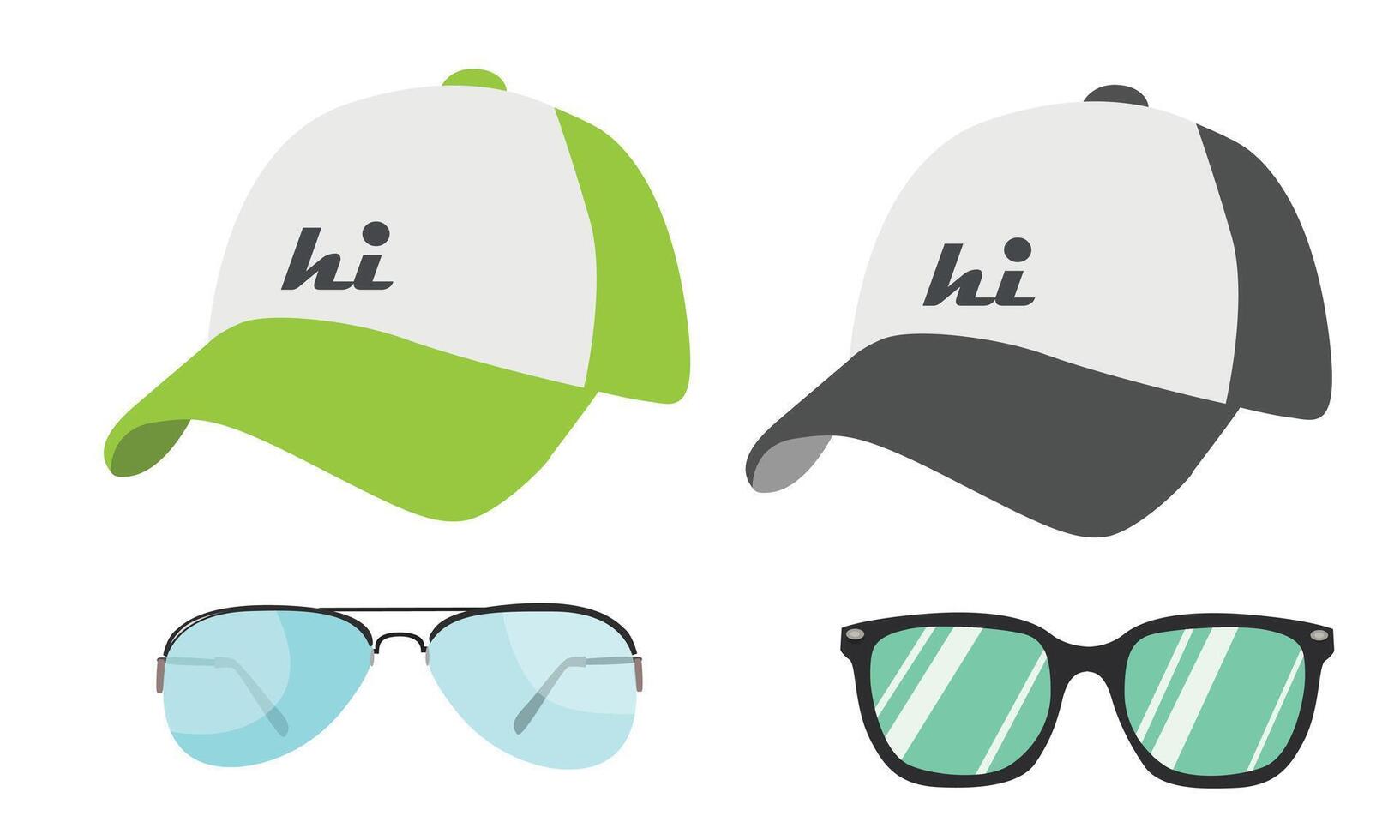 Baseball cap and sunglasses set. Hat and sunglasses clipart. Summer element. Cartoon flat isolated on white background. vector