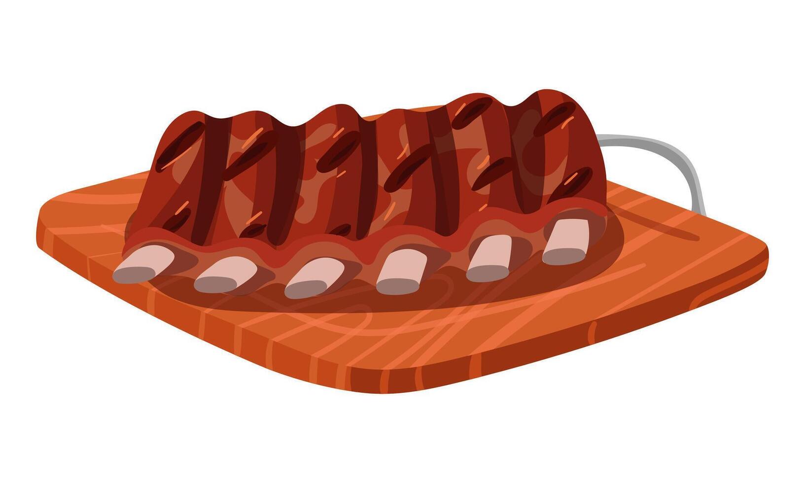 Grilled ribs lie on a wooden chopping board. Barbecue meat tenderloin with rib bones. Suitable for barbecue restaurant menus, cooking blogs, recipe cards and food advertisements. illustration vector