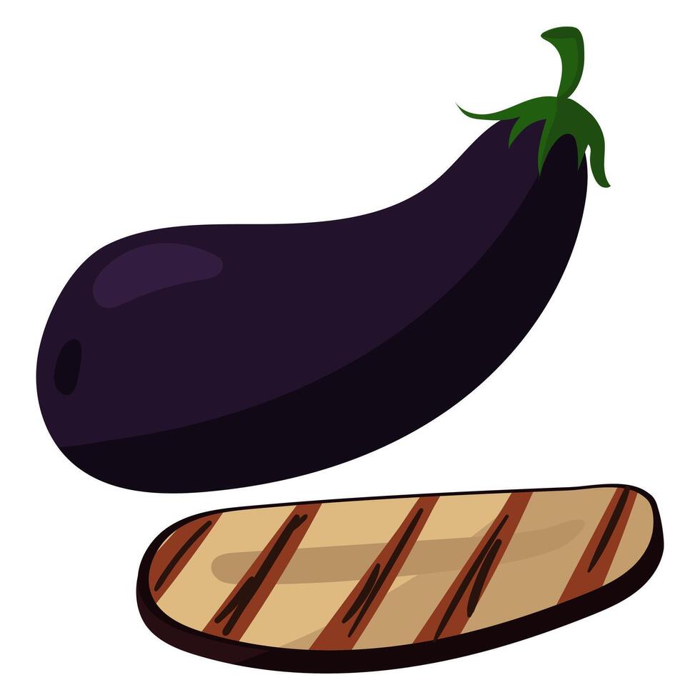 A whole eggplant and a slice of fried eggplant, showing its bright purple hue and juicy texture. It is ideal for culinary graphics, postcards with recipes, healthy lifestyle. Isolated vector