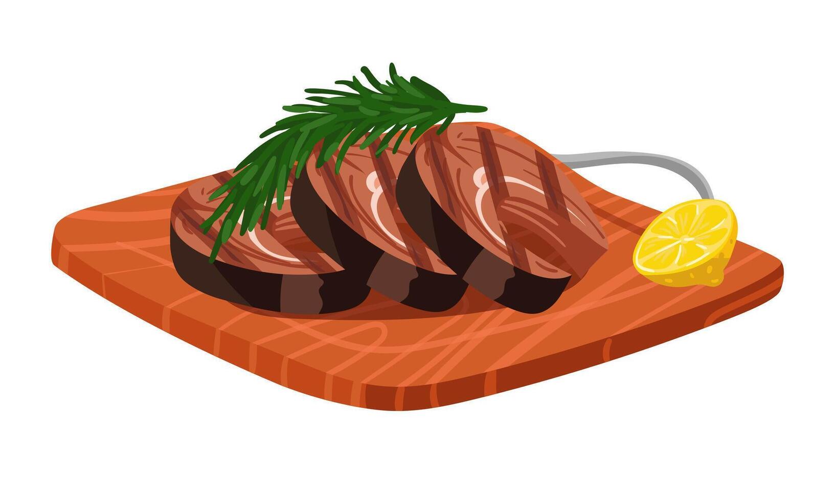 Wooden cutting board with pieces of fried red fish steak with rosemary and lemon. illustration of barbecue fish. Ready-made dish to serve. It is suitable for demonstrating recipes, cooking vector