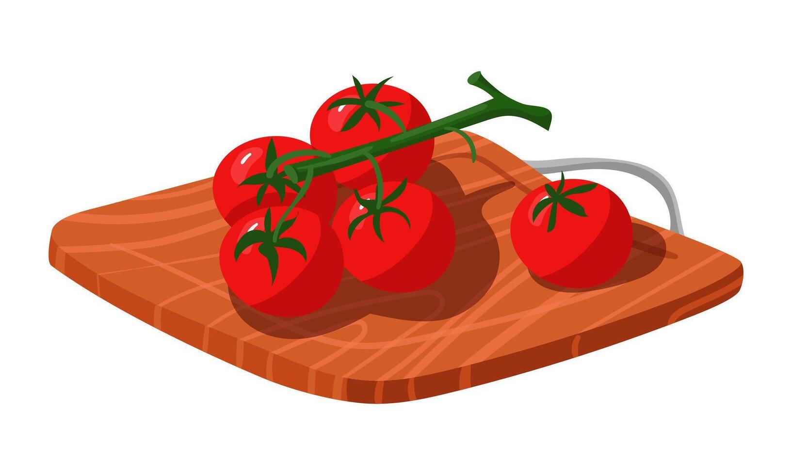 Fresco Tomates son puesto fuera en un rama en un de madera corte tablero. jugoso rojo redondo vegetales. Fresco vitaminas en el corte bandeja. para Cocinando blogs, receta tarjetas ilustración vector