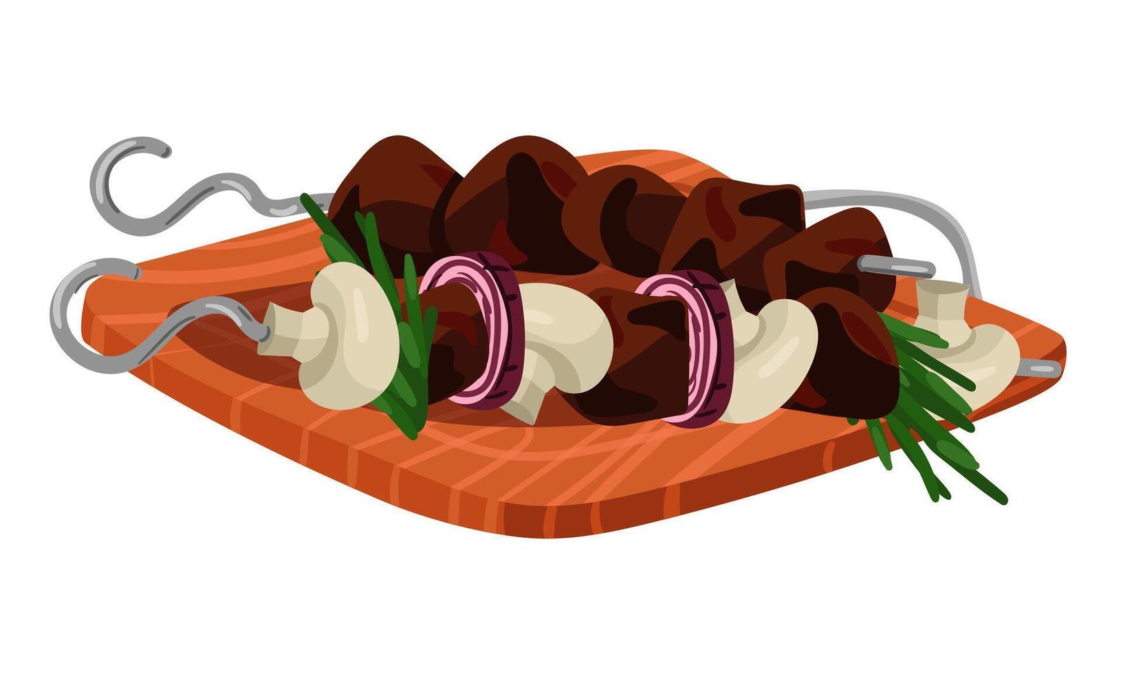Skewers with barbecue are laid out on a wooden cutting board. Juicy pieces with mushrooms and onions. Meat with a skewer on a serving tray. For cooking blogs, recipe cards. illustration vector