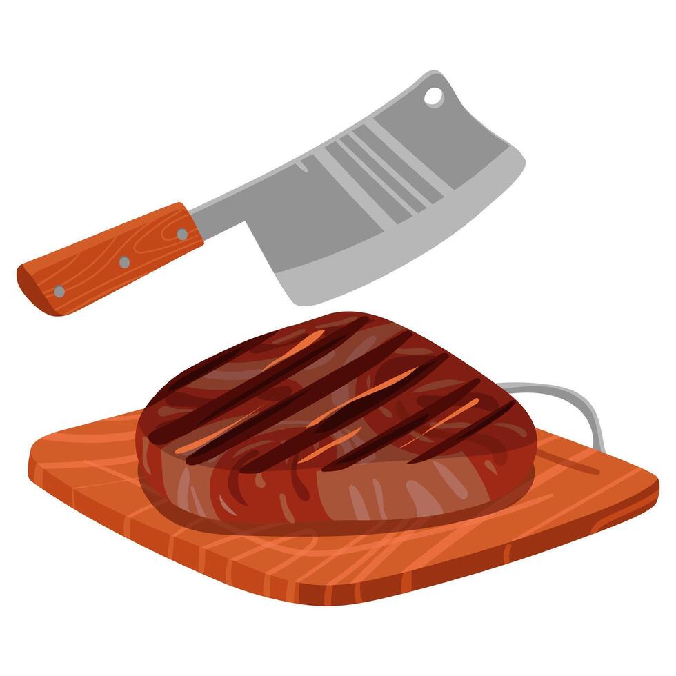 Wooden cutting board for slicing grilled meat with a large knife. Ready-made barbecue dish. Ideal for demonstrating recipes, cooking tips, advertising dishes, cooking tutorials. illustration vector