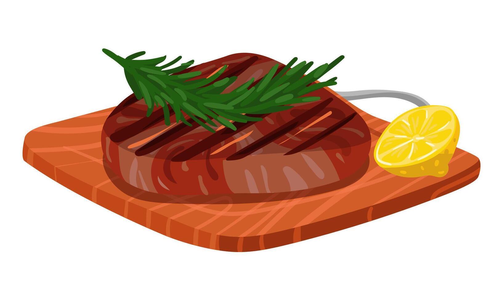 Wooden cutting board with roast meat steak. Barbecue meat with rosemary, lemon. illustration. Finished dish. Ideal for demonstrating recipes, cooking techniques in butchers, cooking tutorials vector