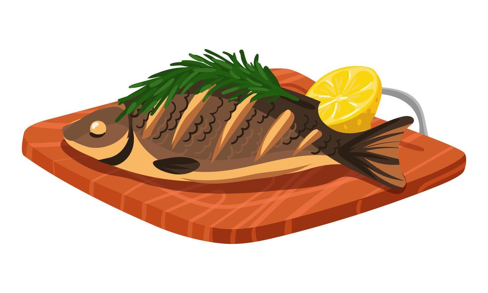 Wooden chopping board with whole fried fish and seasoning with rosemary, lemon. illustration of barbecue fish. Ready-made dish to serve. It is suitable for demonstrating recipes, cooking vector
