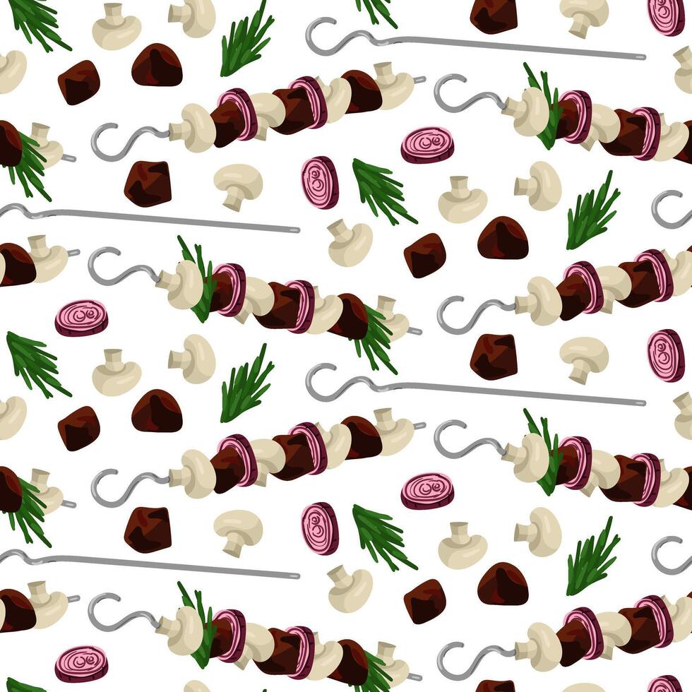 A pattern of kebabs strung on skewers and separately. Grilling and outdoor dining. An invitation to barbecue themed, picnic banners or culinary websites, adding spice to any design. Seamless vector