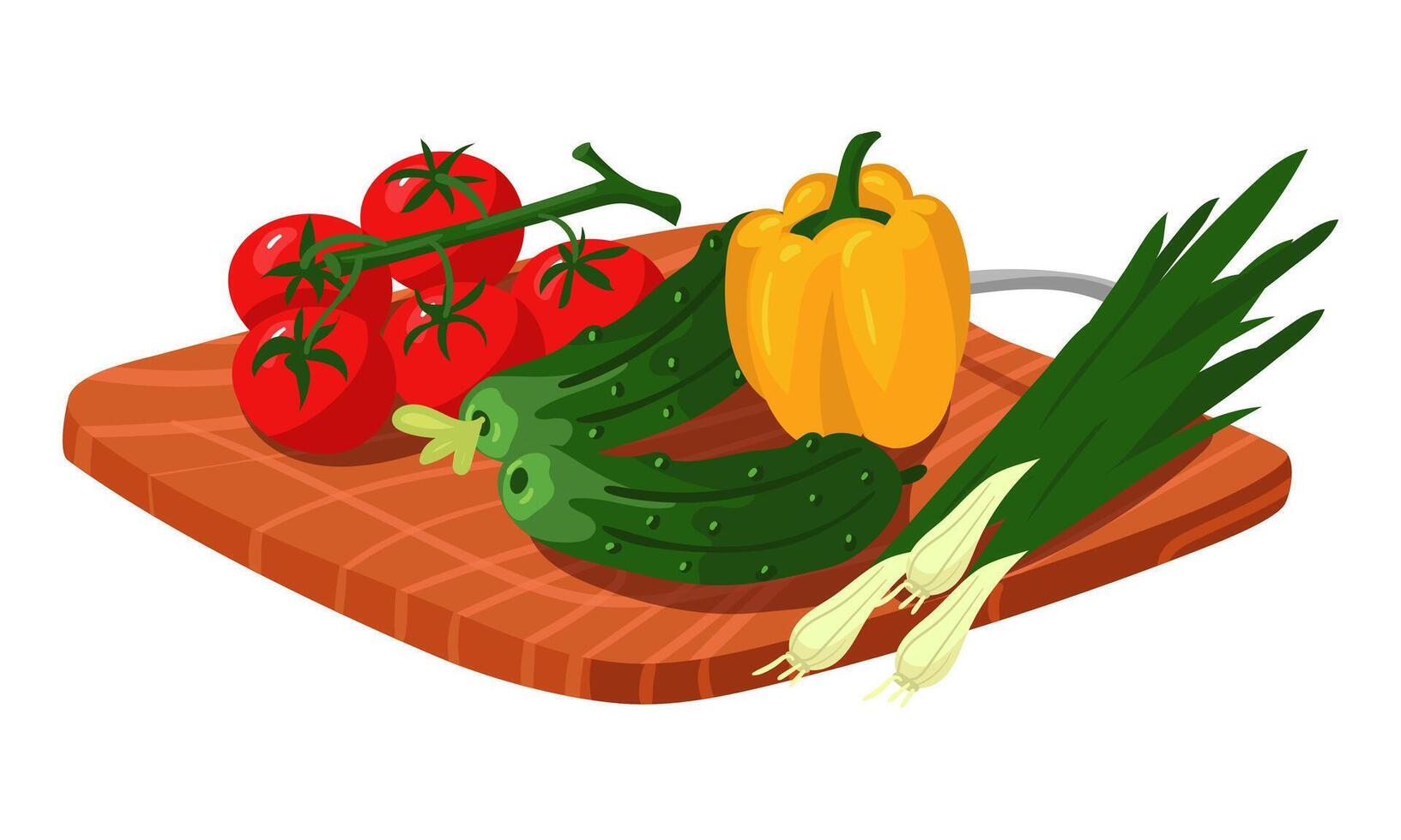 Fresh tomatoes, cucumbers, peppers, and onions are laid out on a wooden cutting board. Juicy different vegetables. Fresh vitamins on the cutting tray. For cooking blogs, recipe cards vector