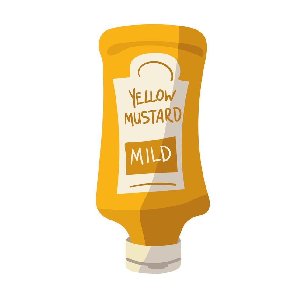 un amarillo el plastico botella de mostaza. aislado amarillo tarro con salsa. etiquetas en etiquetas. adecuado para marca condimentos, publicidad picnics, Tiendas Delicatessen menús y Cocinando blogs ilustración vector