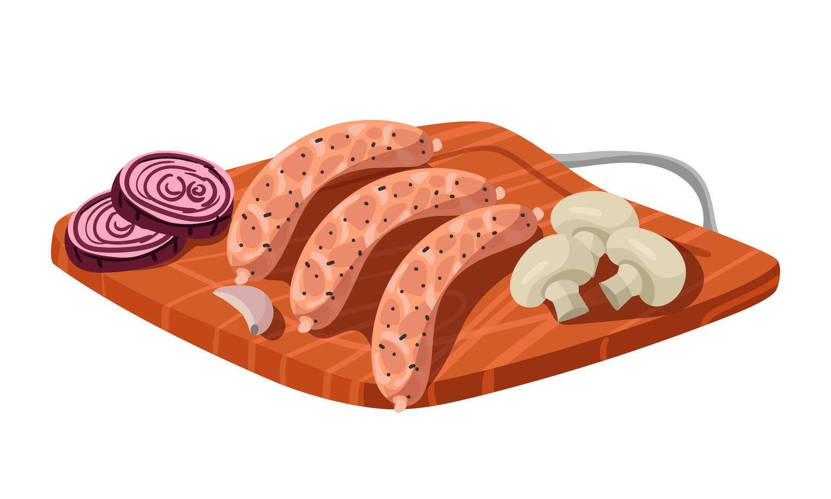 Individual fresh sausages lie on a wooden chopping board. Sausages with onions, garlic, and mushrooms. Barbecue-friendly restaurant menus, cooking blogs, recipe cards,. illustration vector