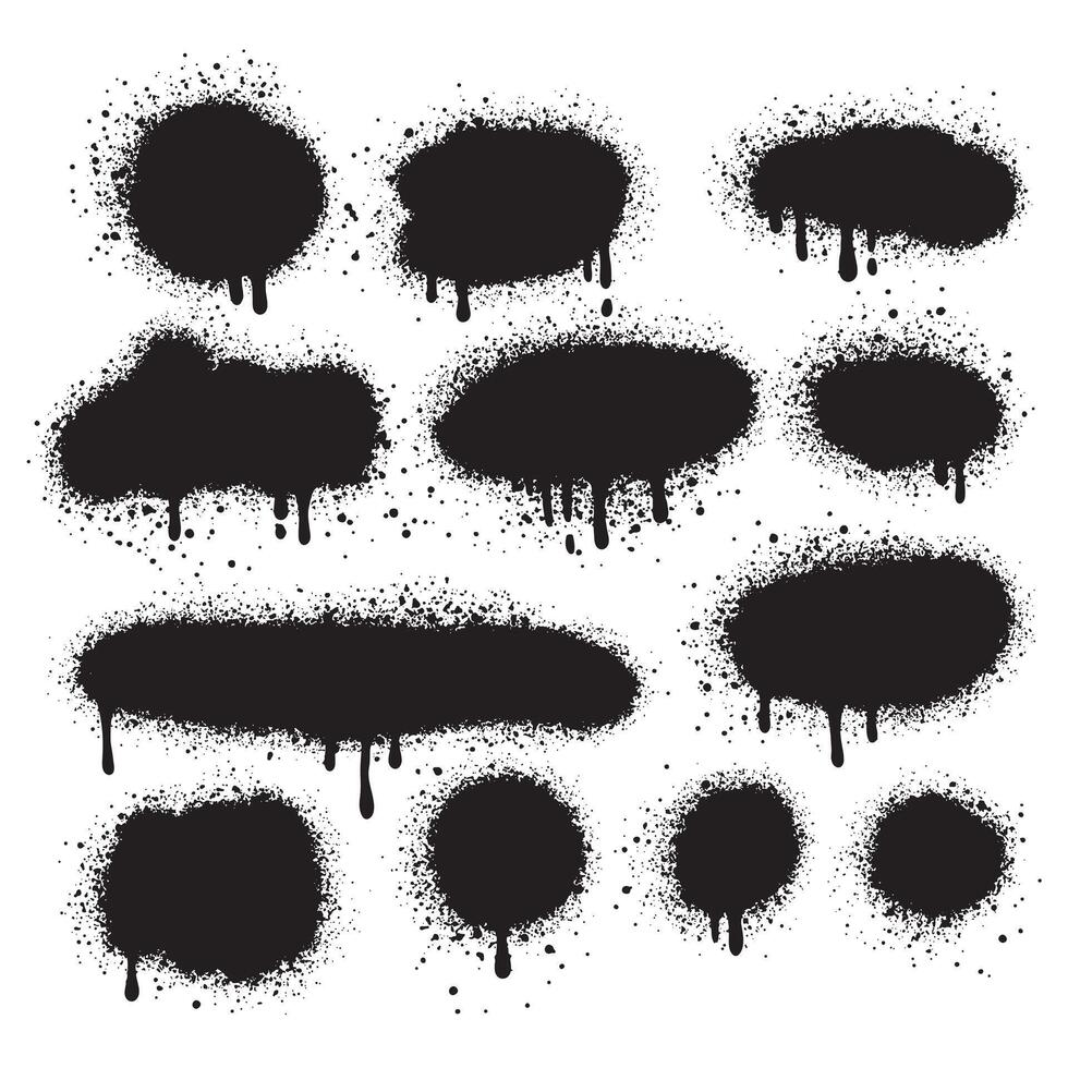 Set of graffiti spray banners. spray paint shapes with Lines and Droplets Black ink splashes, collection of ink stains, Street style. vector