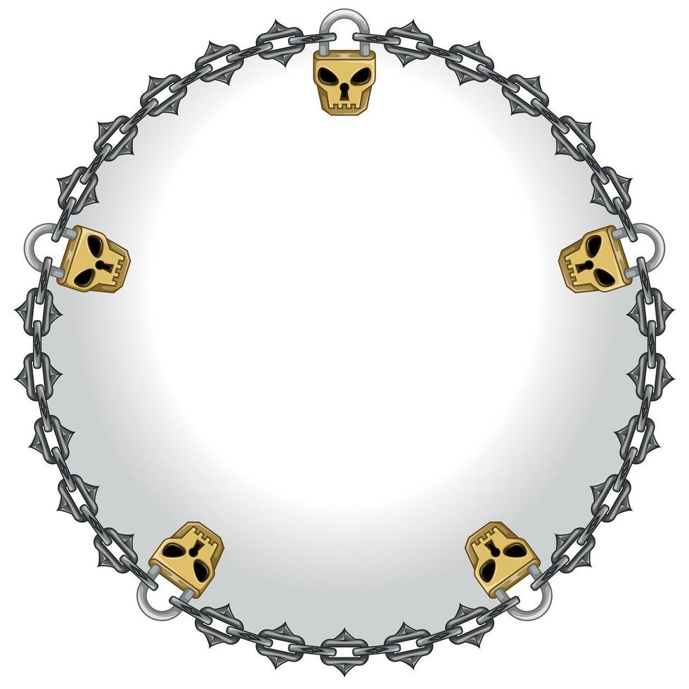 diseño circulo con cadenas y candado para calabozo y mazmorras, cráneo conformado candado con corte cadenas vector