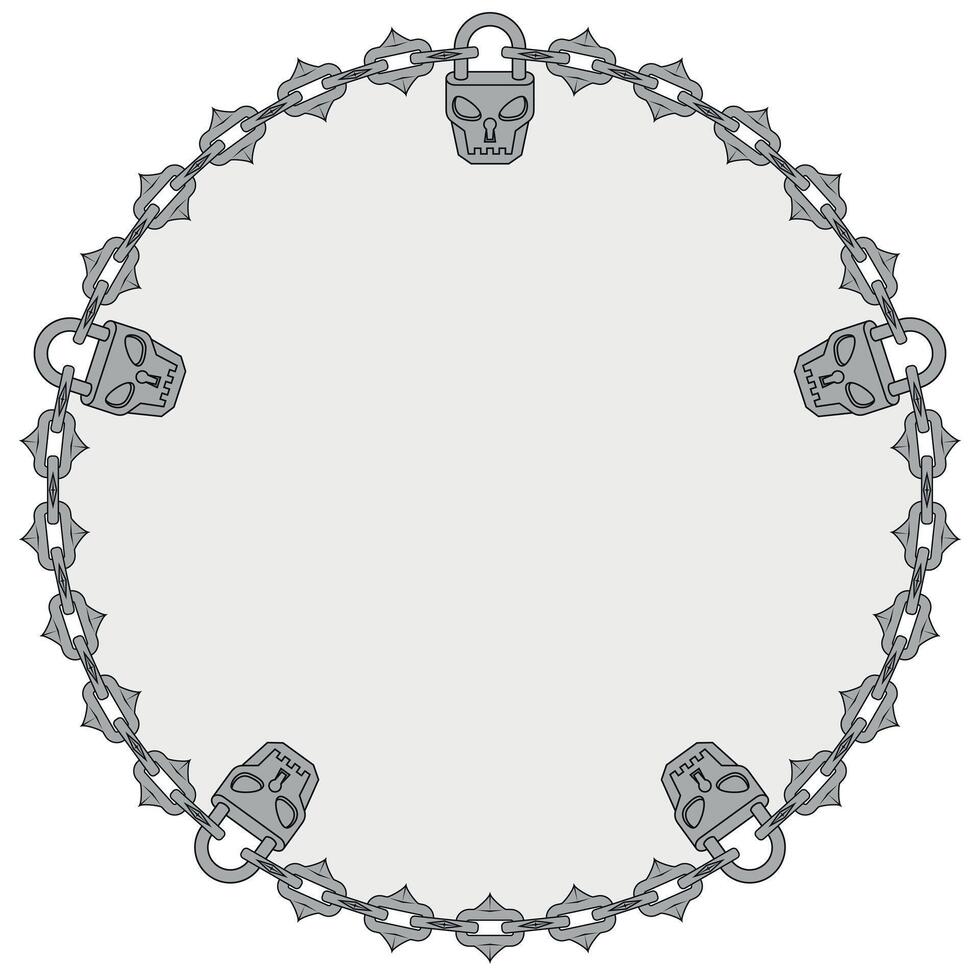 diseño circulo con cadenas y candado para calabozo y mazmorras, cráneo conformado candado con corte cadenas vector