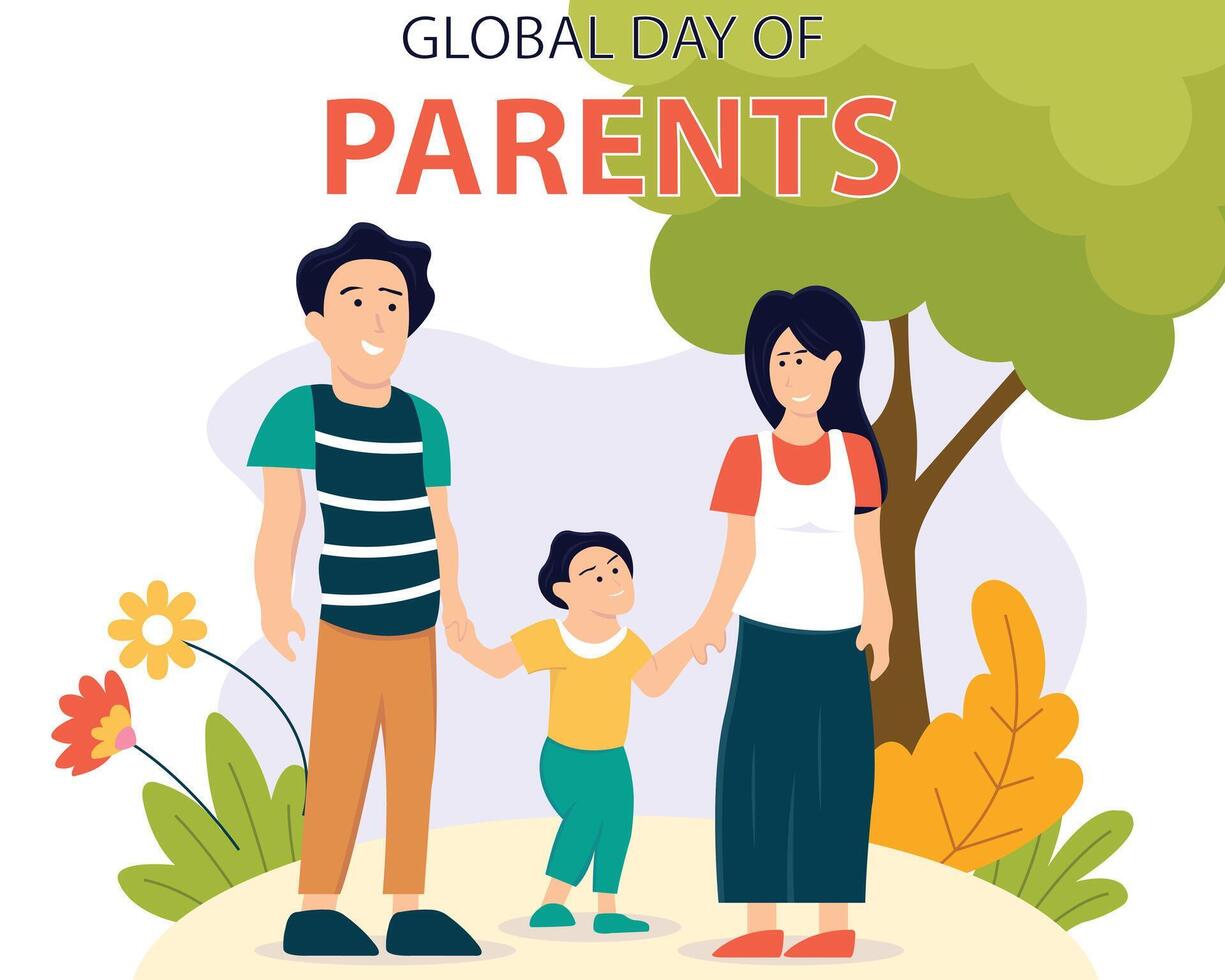 illustration graphic of simple family holding hands in the garden, perfect for international day, global day of parents, celebrate, greeting card, etc. vector