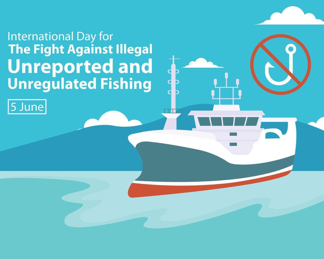 ilustración gráfico de pescar barcos a lo largo el costa, Perfecto para internacional día, lucha en contra ilegal, No denunciado y no regulado, pesca, celebrar, saludo tarjeta, etc. vector