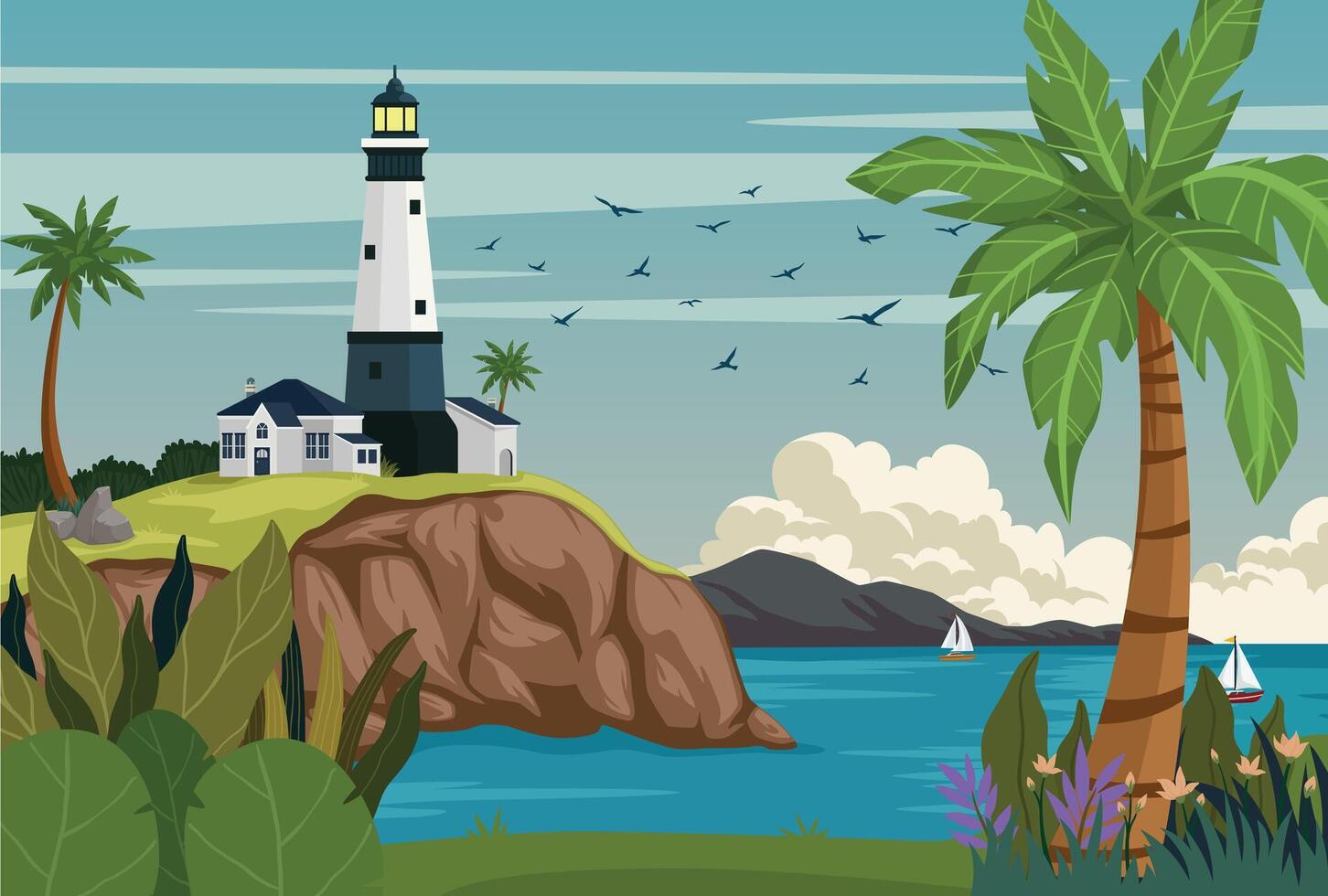 Lighthouse on rock stones island landscape, Mercusuar tower illustration in flat style vector