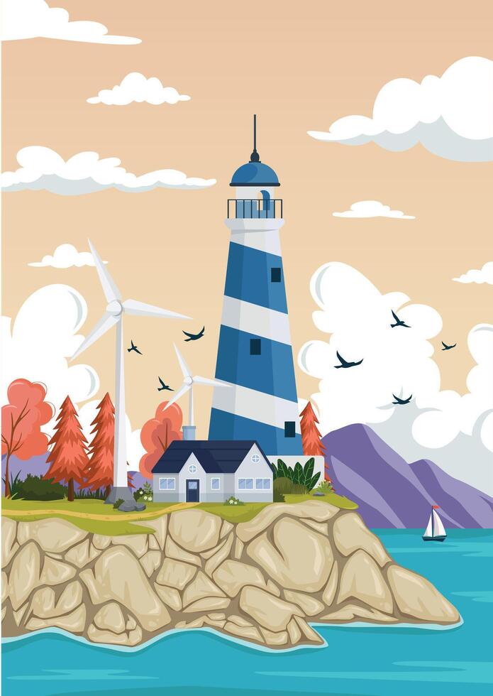 Lighthouse on rock stones island landscape, Mercusuar tower illustration in flat style vector