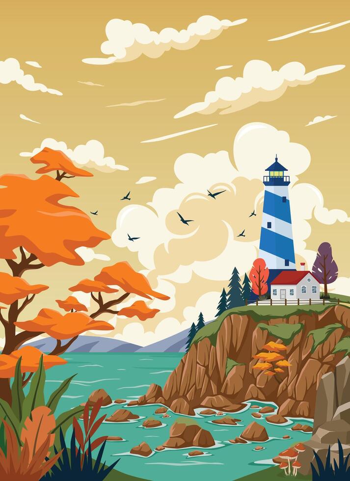 Lighthouse on rock stones island landscape, Mercusuar tower illustration in flat style vector