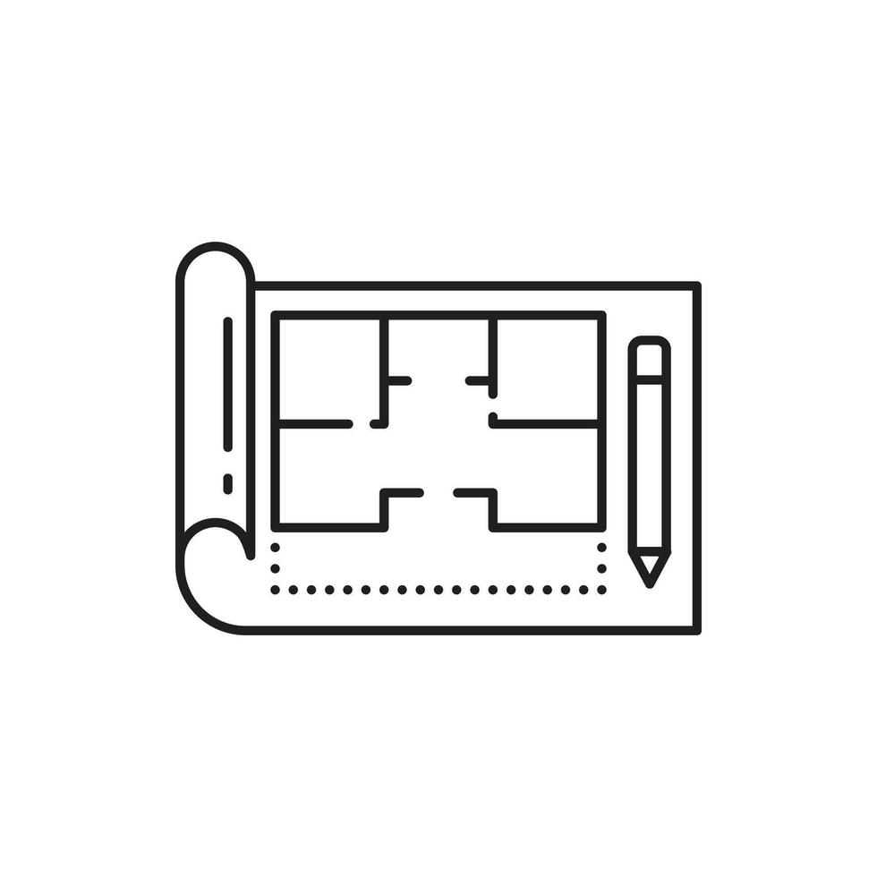 Interior design, home project and house architecture plan line icon. Apartments interior design and architect project development icon of blueprint and pencil for reals estate planning vector