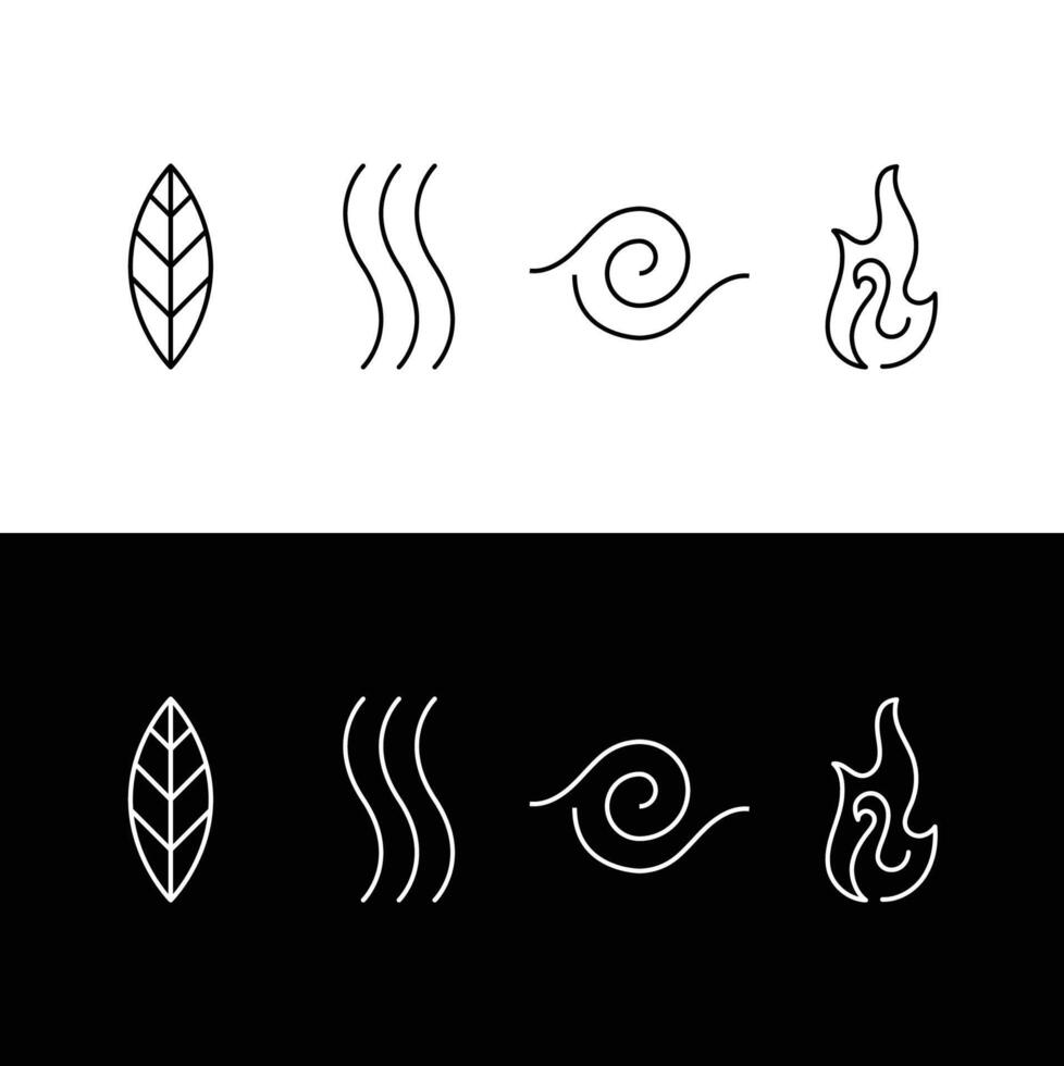four 4 elements nature earth wind air water fire outline icons set pack minimal design web print illustration black white background vector