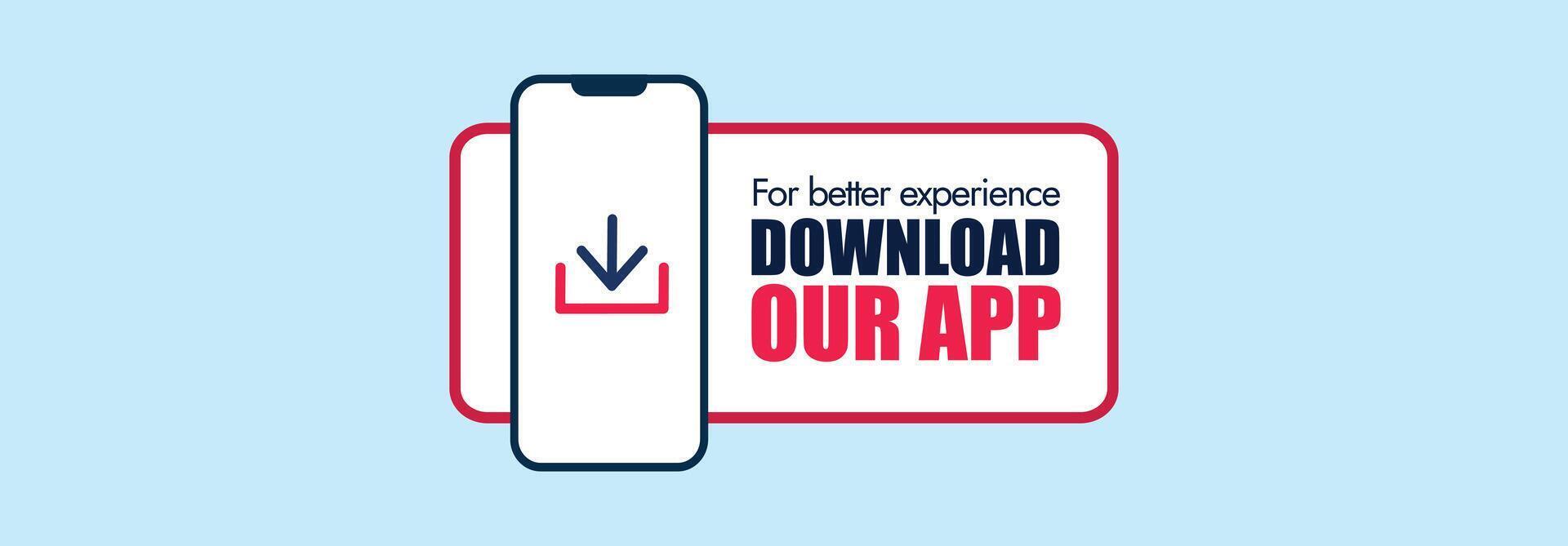Download the app now. Download our app icon, label cover with mobile device and download icon. Social media cover promoting app downloading. App Marketing or Promotion banner vector