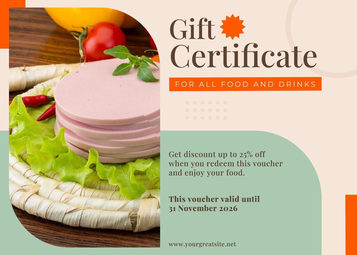 Minimalist Orange Green Food Gift Certificate template