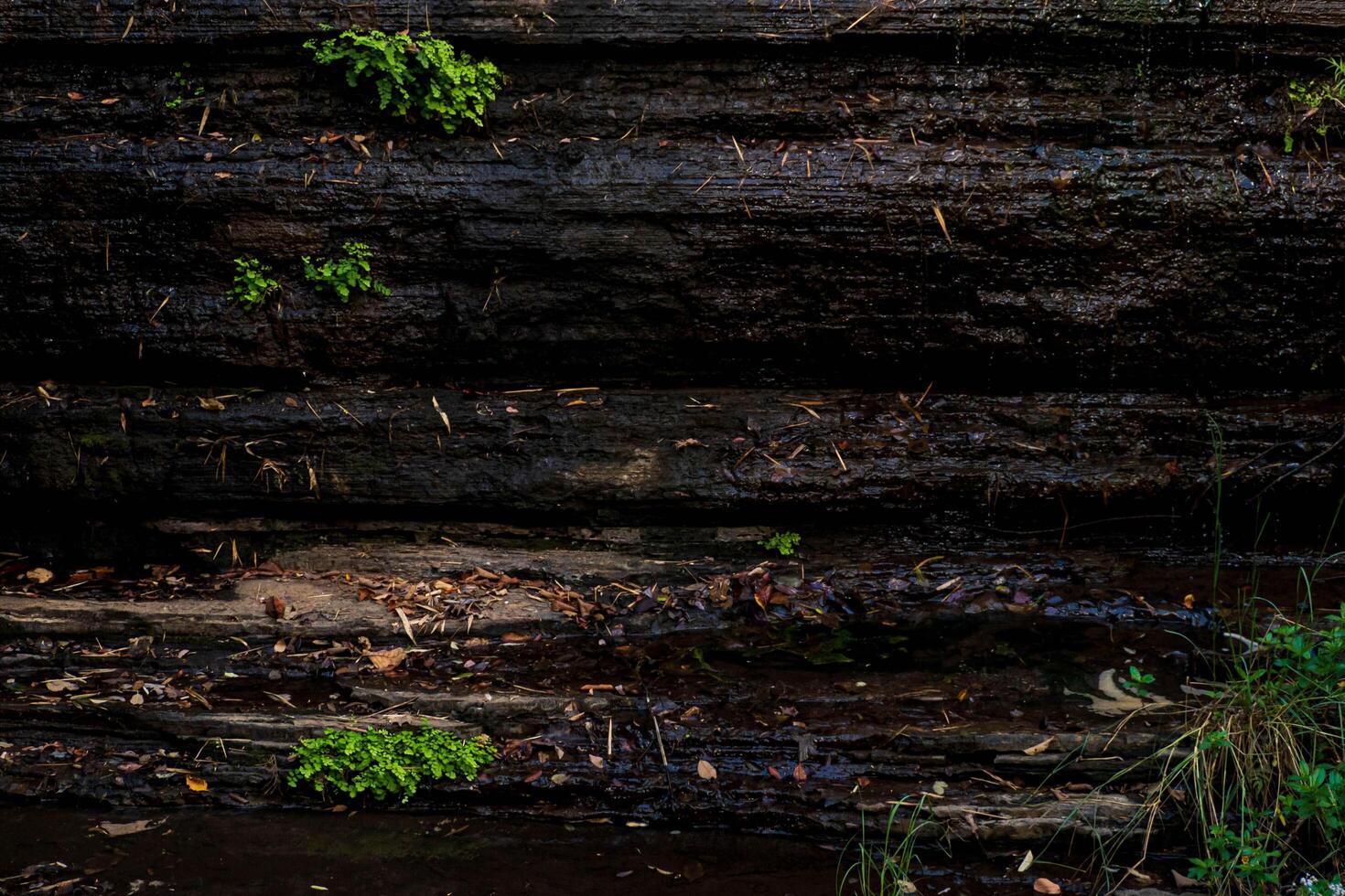 Divided by large cracks and layers, the cliff face is aged and rugged. Text on the subject of geology and mountain climbing with coarse, rough gray stone or rock texture of mountains in the background photo