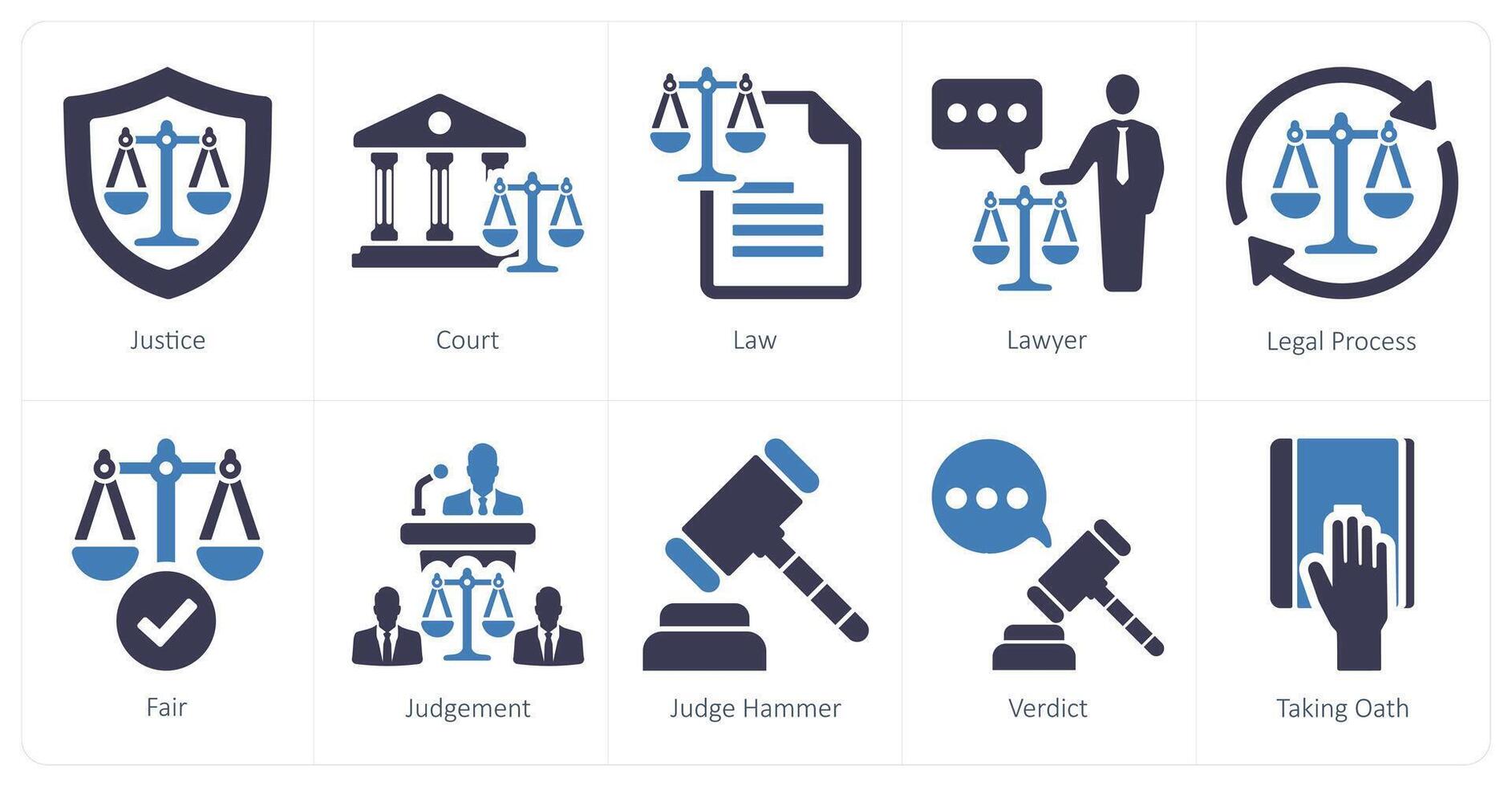 A set of 10 justice icons as justice, court, law vector