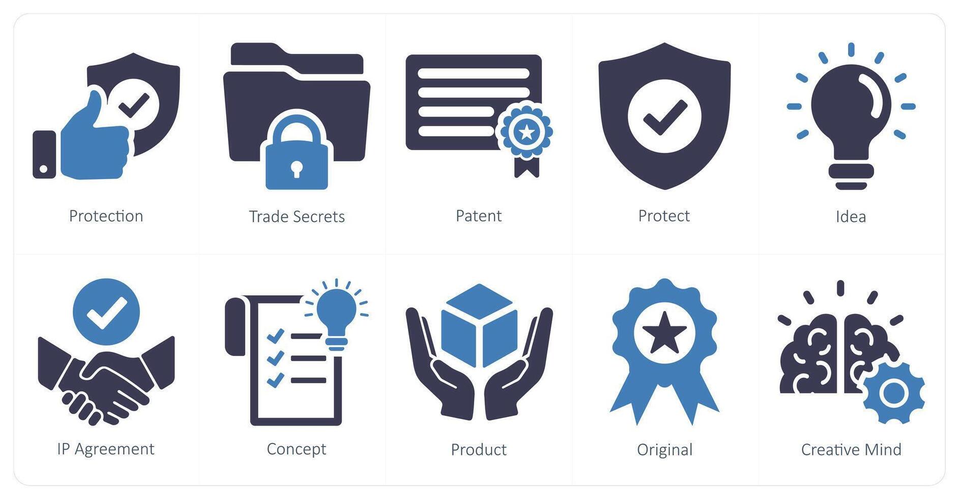 A set of 10 intellectual property icons as protection, trade secrets, patent vector