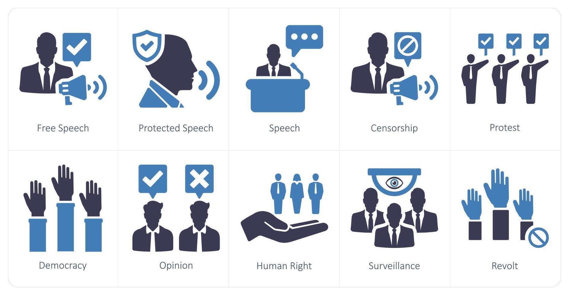 A set of 10 freedom of speech icons as free speech, protected speech, speech vector
