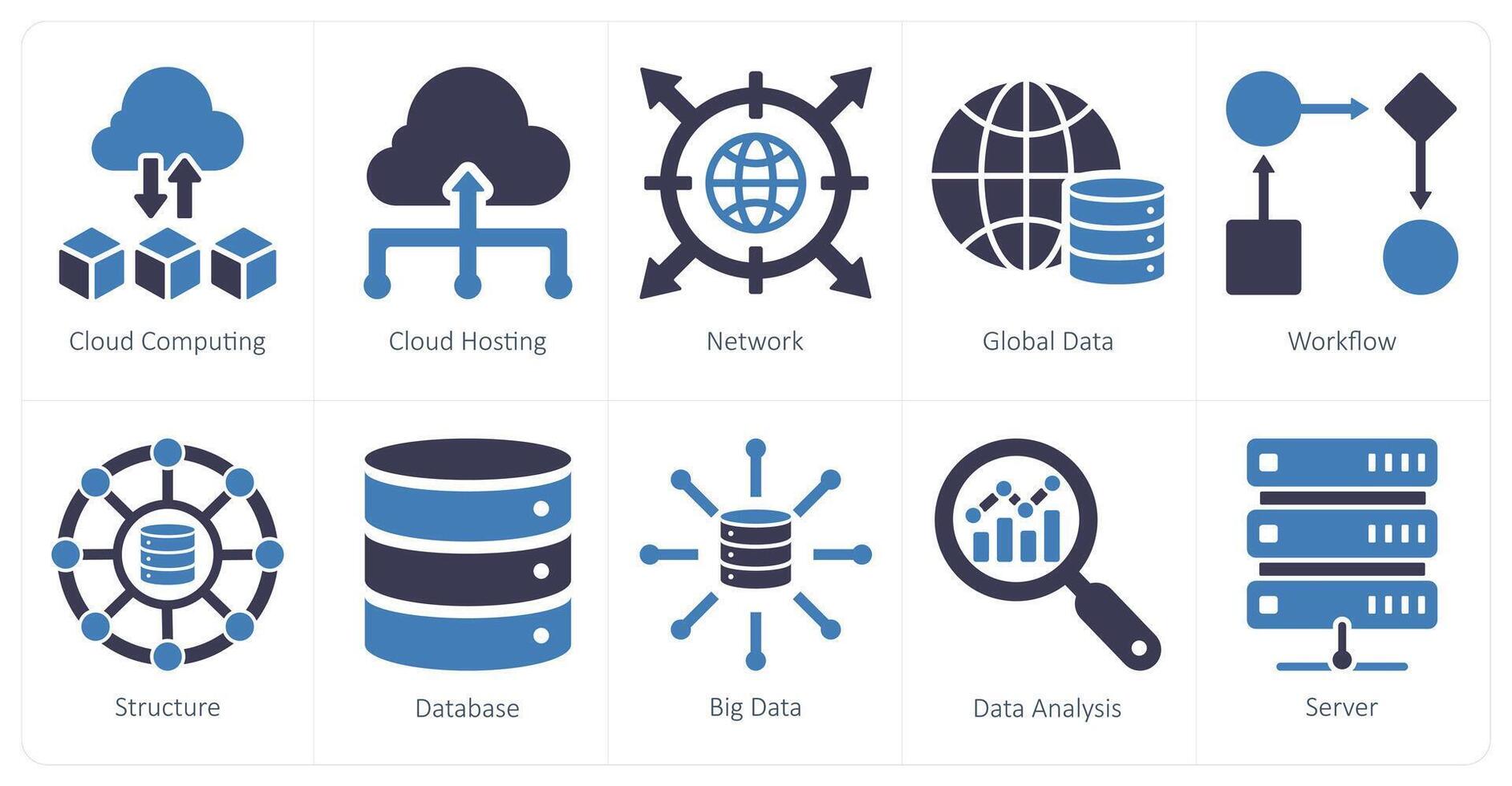 un conjunto de 10 datos analítica íconos como nube informática, nube alojamiento, red vector