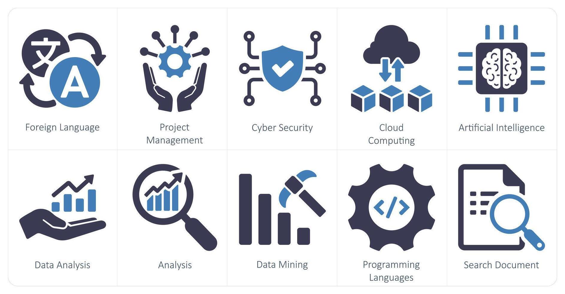 A set of 10 hard skills icons as foreign language, project management, cyber security vector