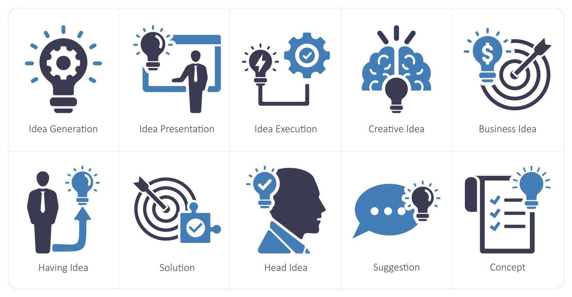 A set of 10 idea icons as idea generation, idea presentation, idea execution vector