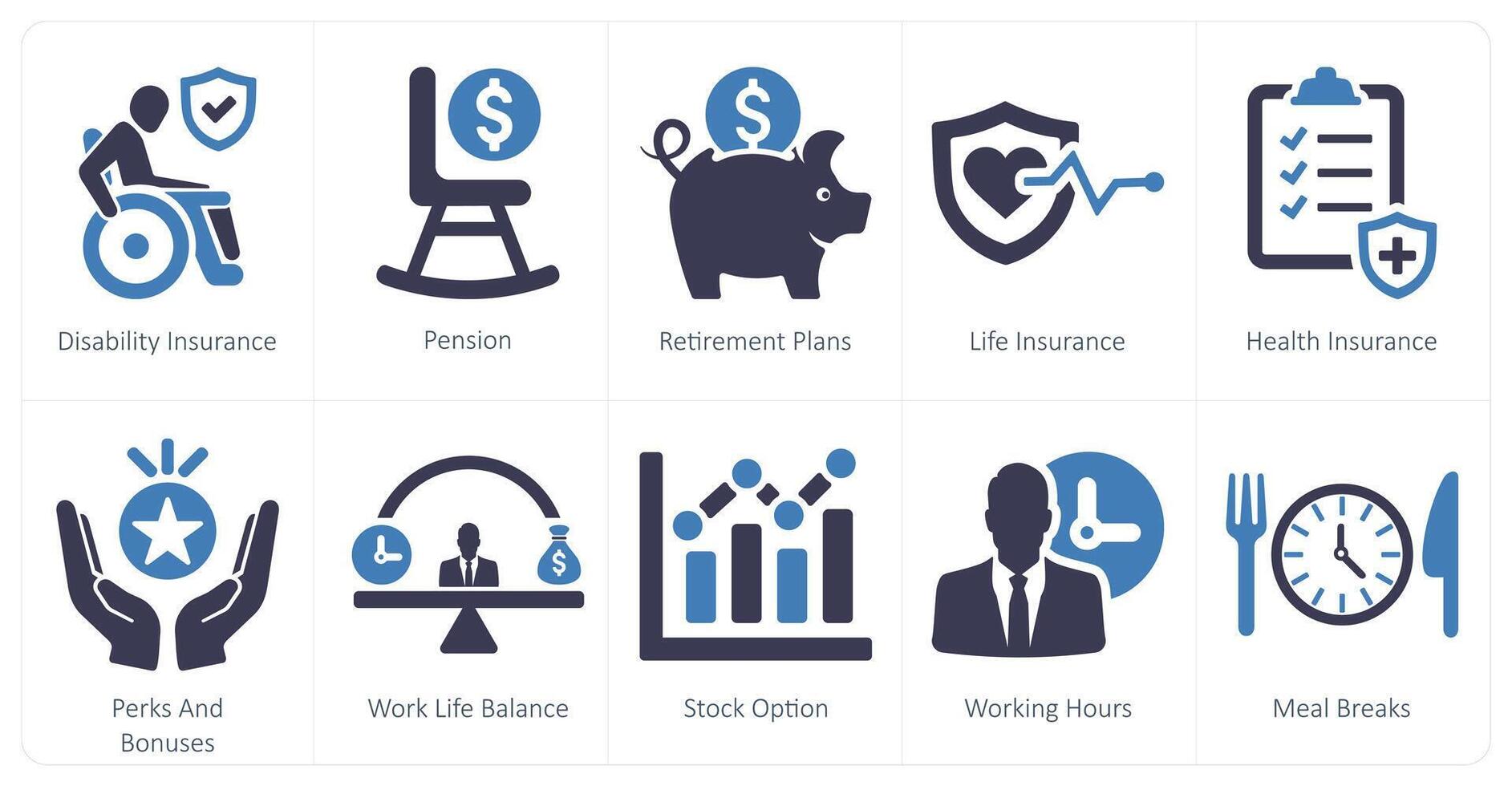 A set of 10 employee benefits icons as disability insurance, pension, retirement plans vector