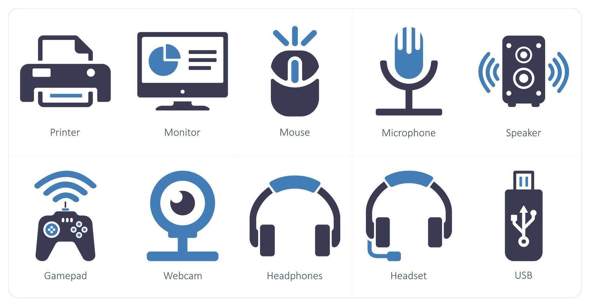 A set of 10 computer parts icons as printer, monitor, mouse vector