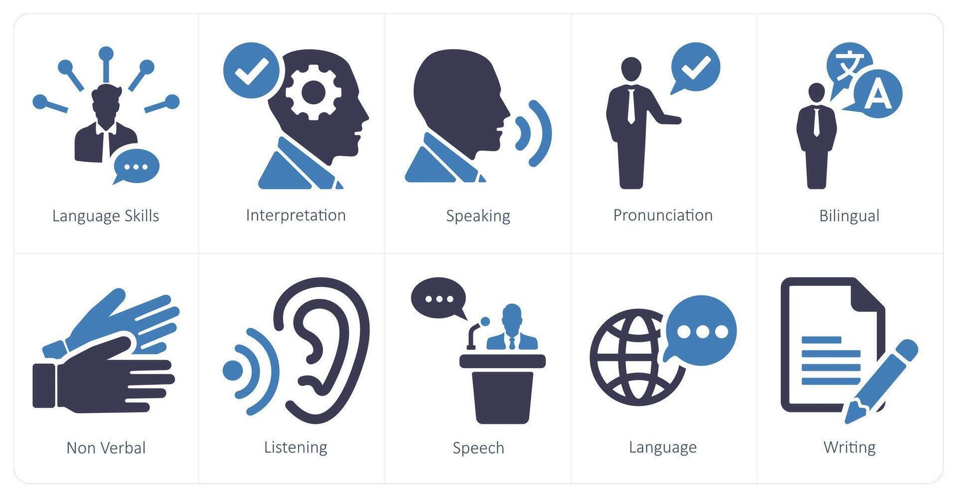 A set of 10 language icons as language skills, interpretation, speaking vector