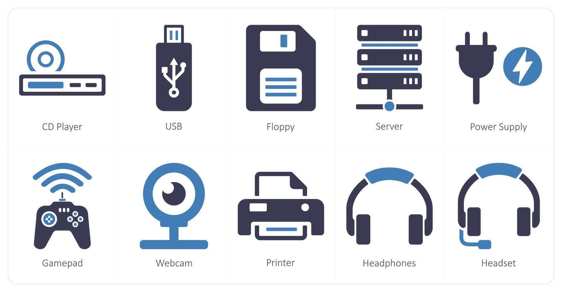 un conjunto de 10 computadora partes íconos como discos compactos jugador, USB, flexible vector