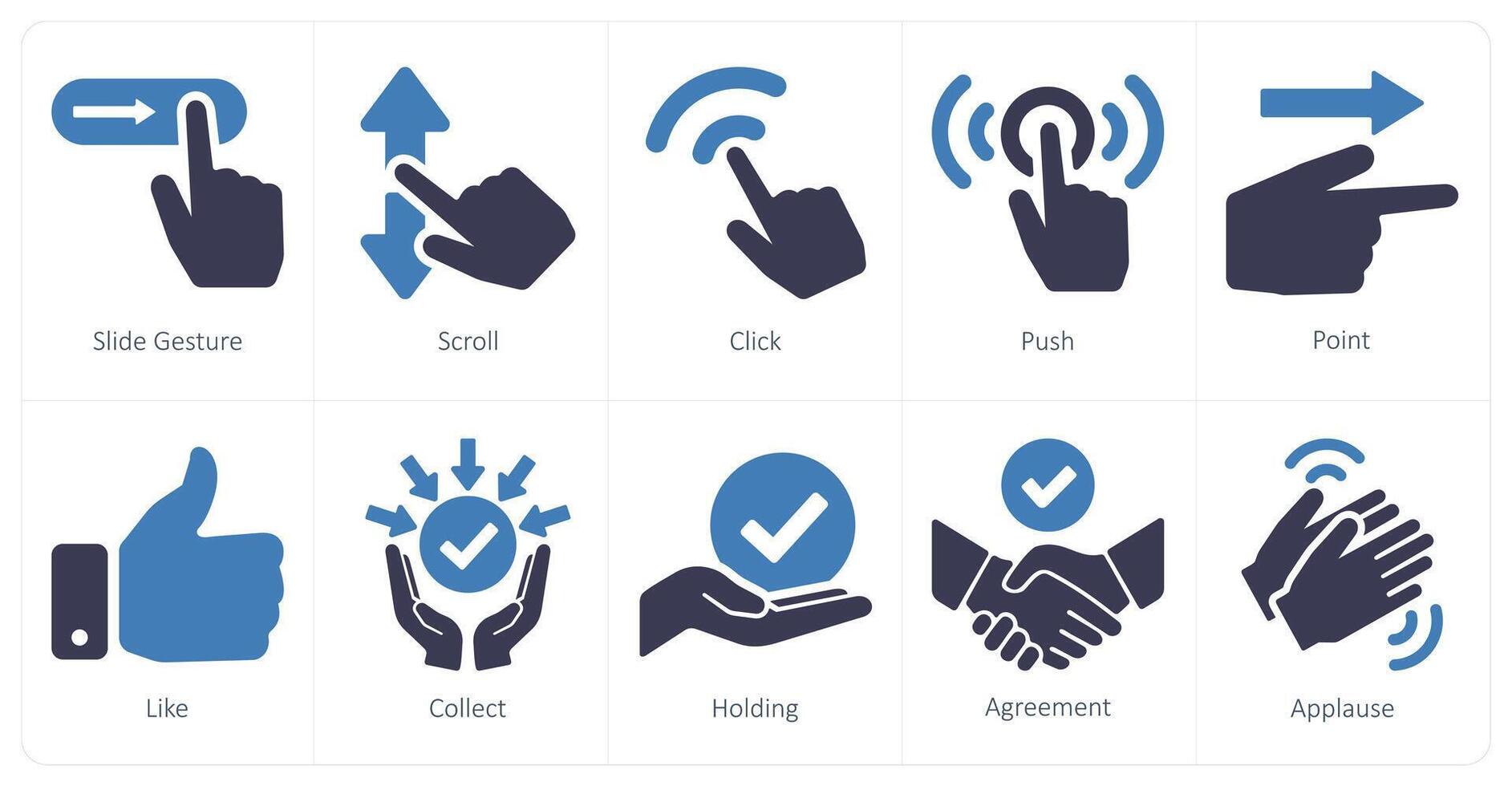 A set of 10 hands icons as slide gesture, scroll, click vector