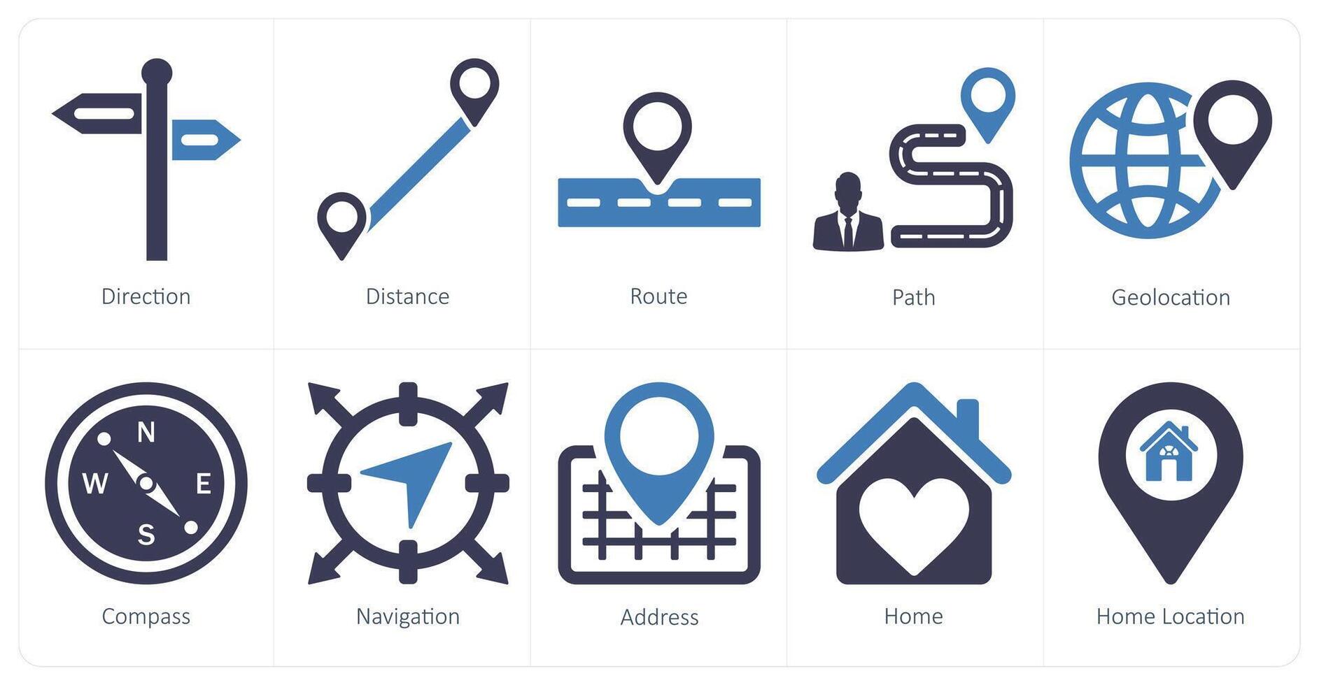 A set of 10 location icons as direction, distance, route vector