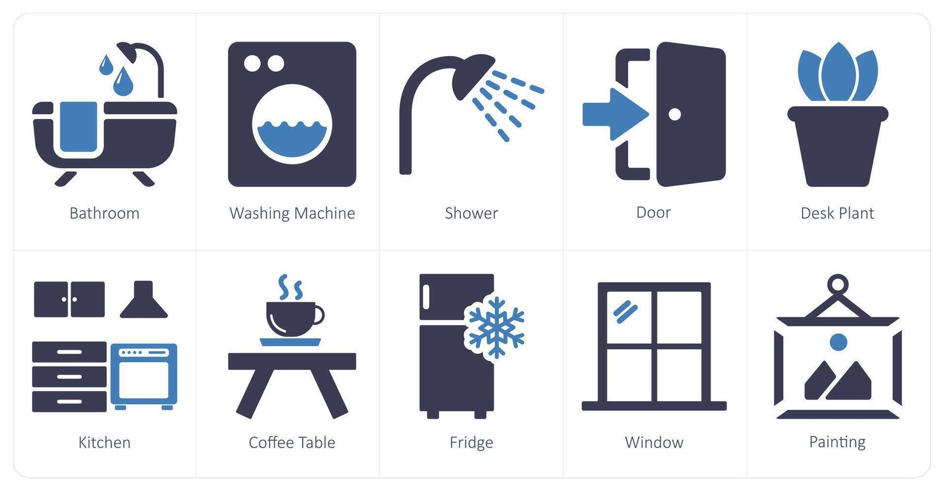 A set of 10 home interior icons as bathroom, washing machine, shower vector