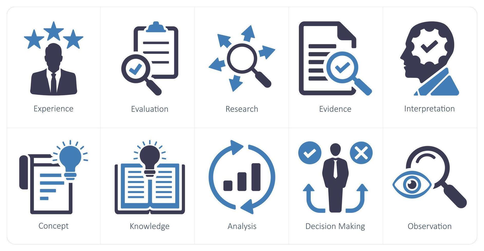 un conjunto de 10 crítico pensando íconos como experiencia, evaluación, investigación vector