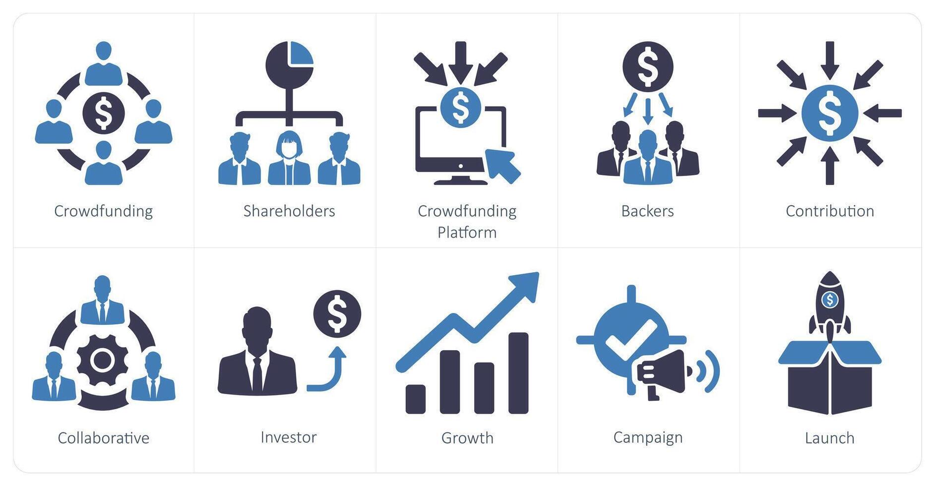 A set of 10 crowdfunding icons as crowdfunding, shareholders, crowdfunding platform vector