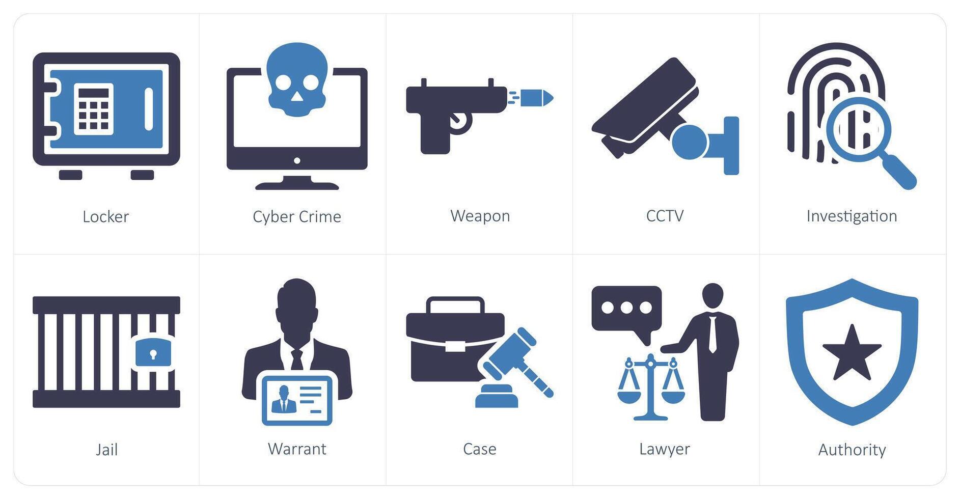 A set of 10 justice icons as locker, cyber crime, weapon vector