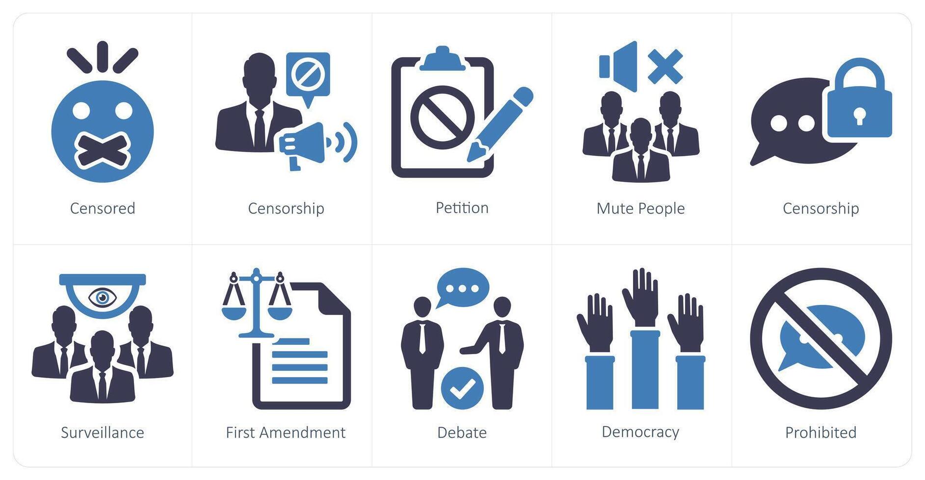 A set of 10 freedom of speech icons as mute people, prohibited, not allowed vector