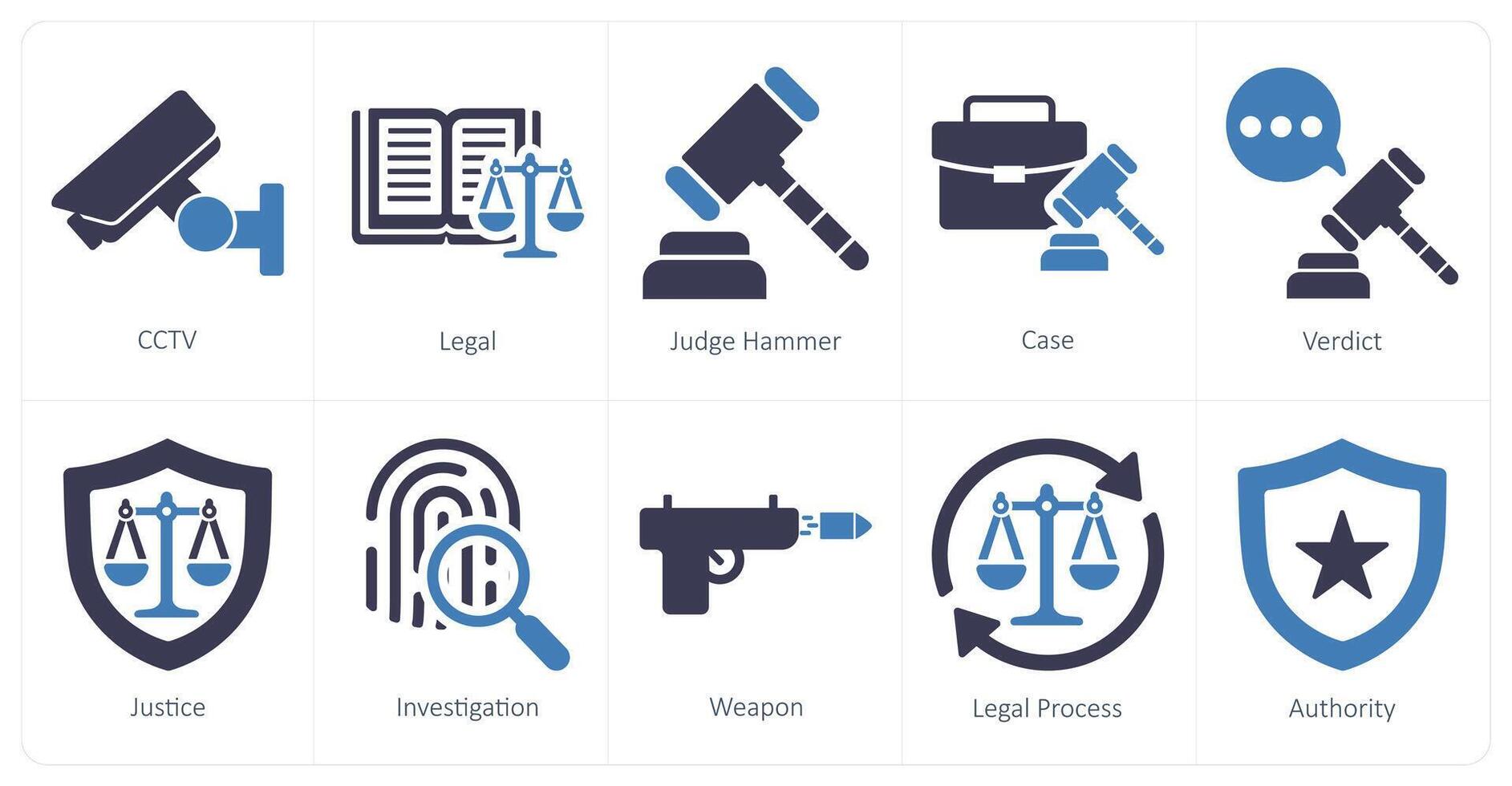 A set of 10 justice icons as cctv, legal, judge hammer vector