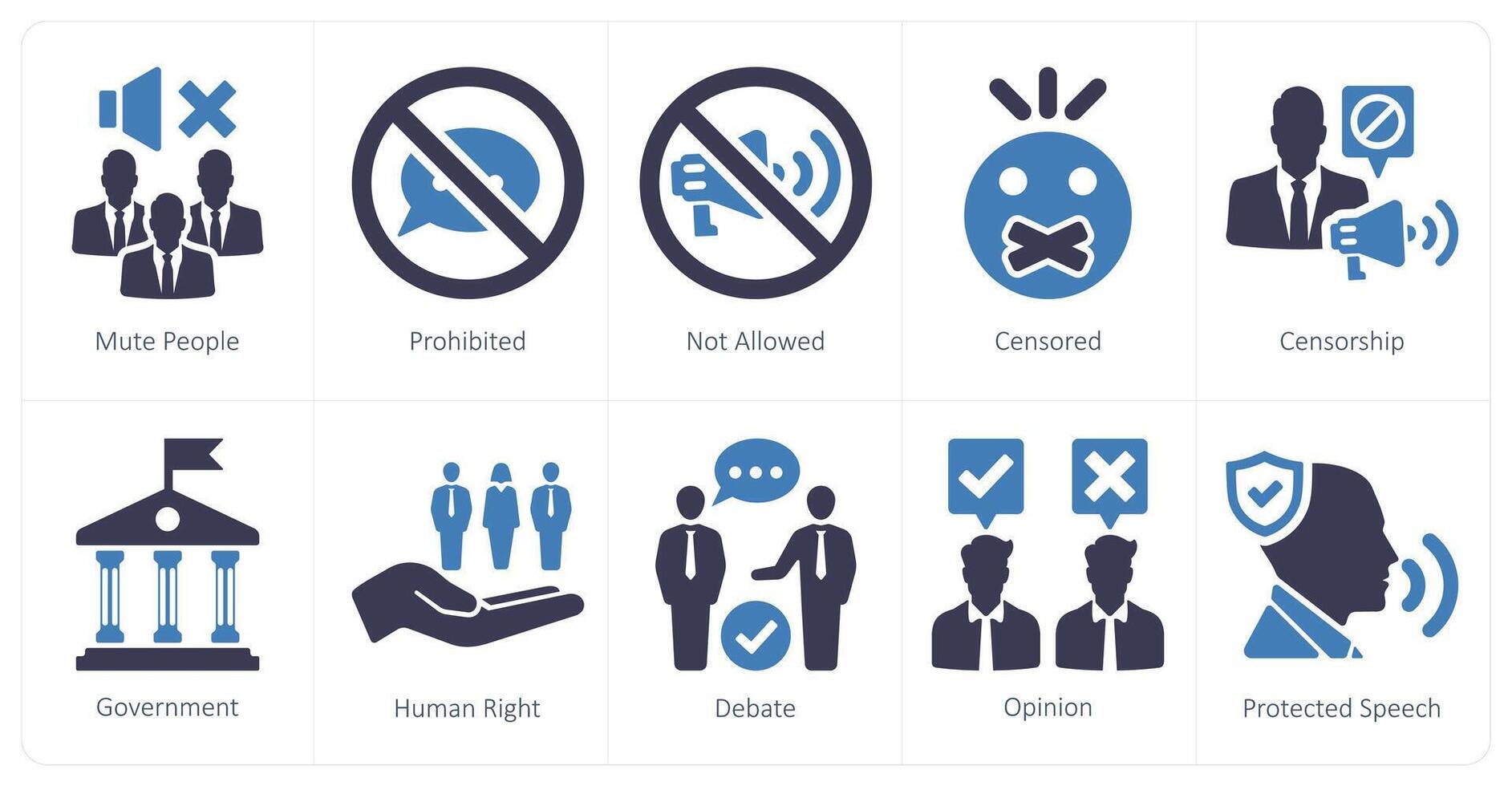 A set of 10 freedom of speech icons as mute people, prohibited, not allowed vector