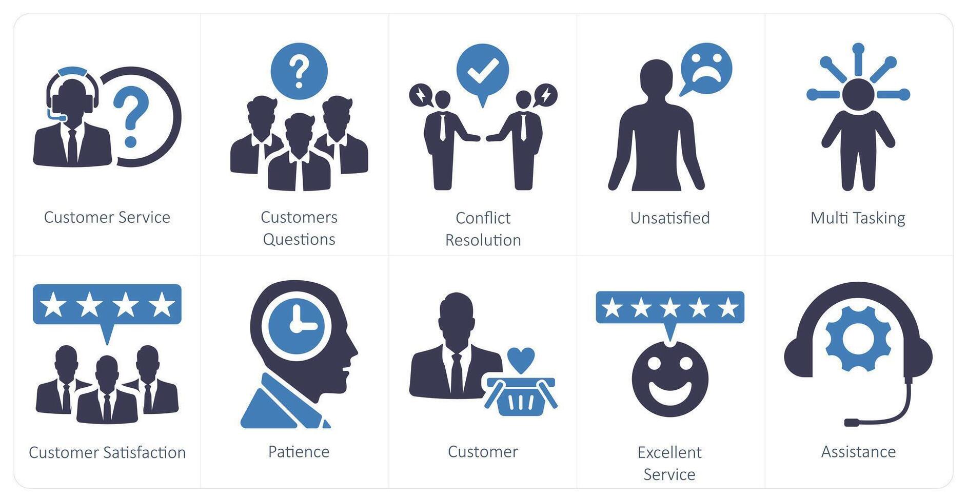 A set of 10 customer service icons as customer service, customer questions, conflict resolutions vector